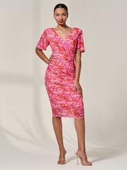 Jolie Moi Pink Angel Sleeves Floral Print Mesh Bodycon Dress - Image 1 of 6