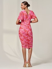 Jolie Moi Pink Angel Sleeves Floral Print Mesh Bodycon Dress - Image 2 of 6