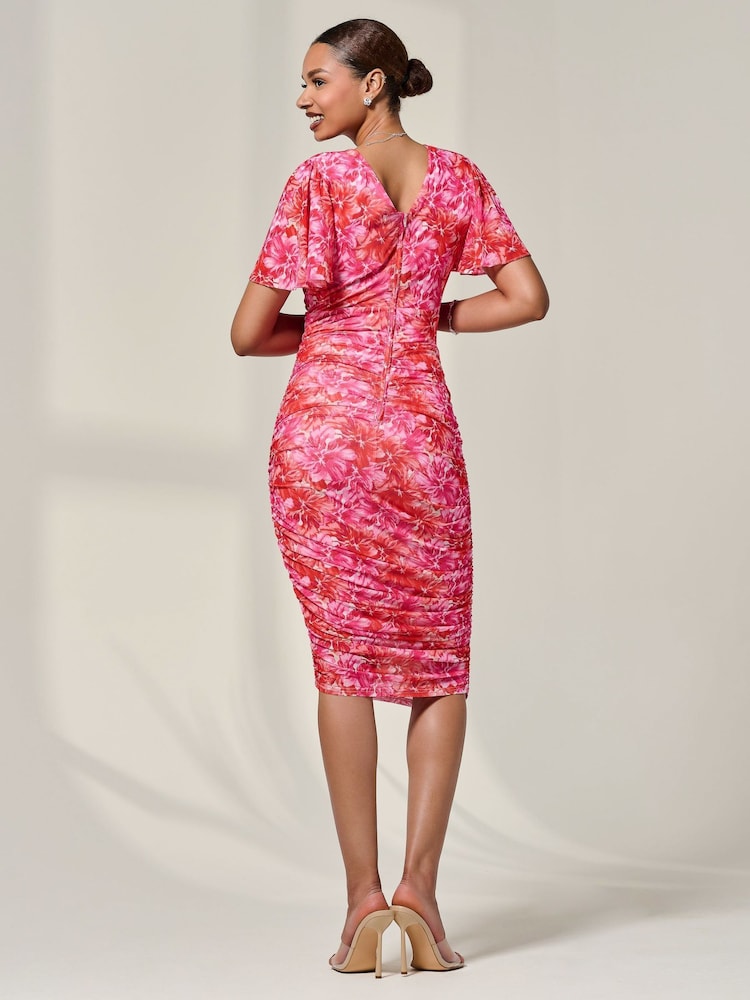 Jolie Moi Pink Angel Sleeves Floral Print Mesh Bodycon Dress - Image 2 of 6