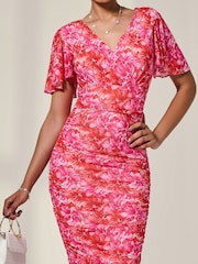 Jolie Moi Pink Angel Sleeves Floral Print Mesh Bodycon Dress - Image 3 of 6