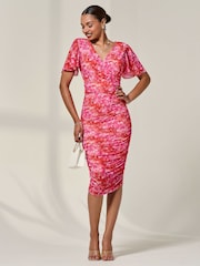 Jolie Moi Pink Angel Sleeves Floral Print Mesh Bodycon Dress - Image 6 of 6