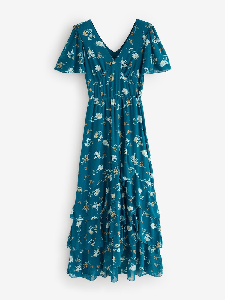 Jolie Moi Blue Tiered Hem Angel Sleeve Floral Print Maxi Dress - Image 1 of 1