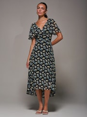 Jolie Moi Black Floral Print Chiffon V-Neck Midaxi Dress - Image 1 of 6