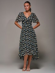 Jolie Moi Black Floral Print Chiffon V-Neck Midaxi Dress - Image 5 of 6