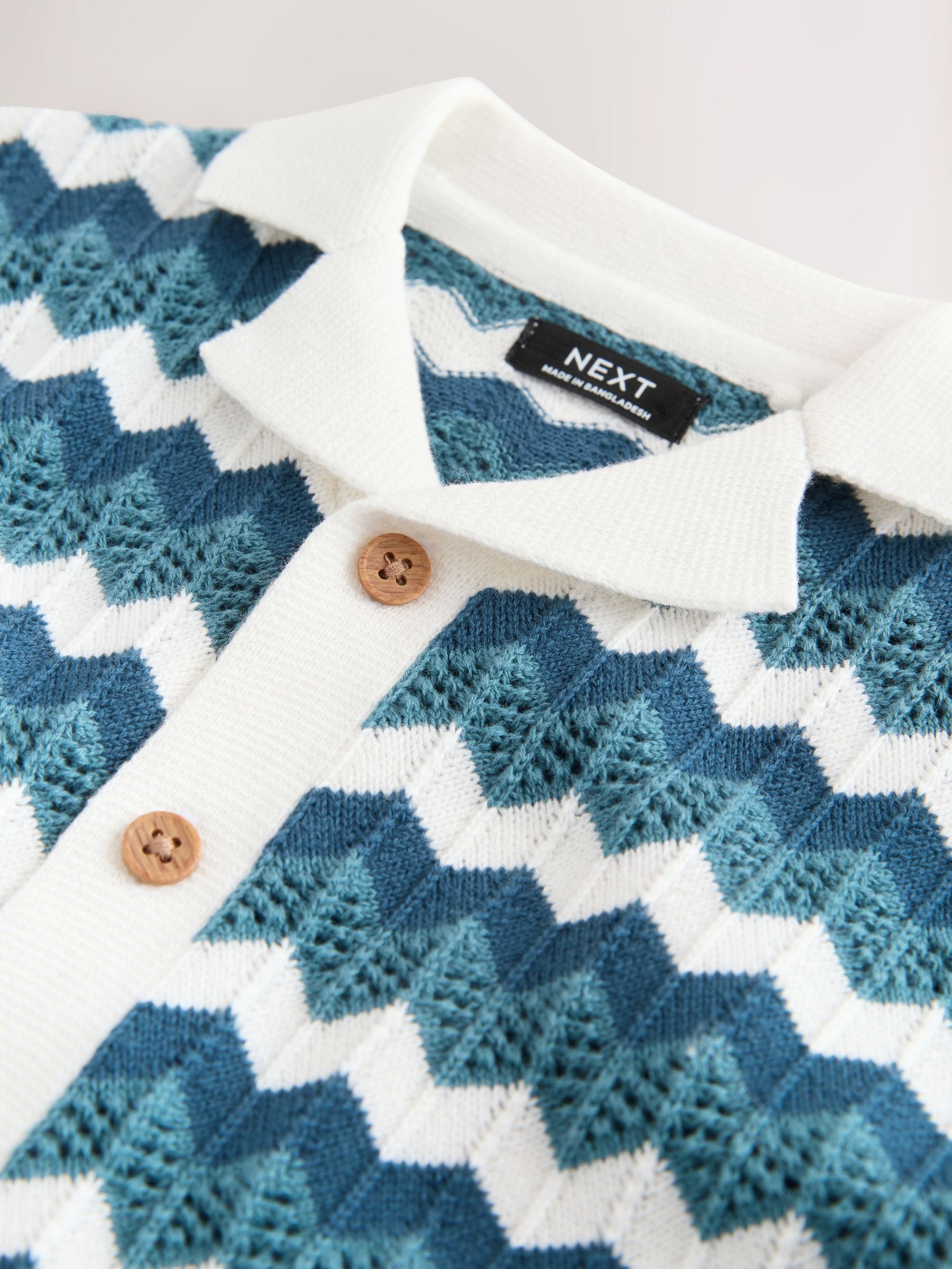 Buy Blue/White Zig Zag Knitted Revere Collar Polo Shirt (3mths