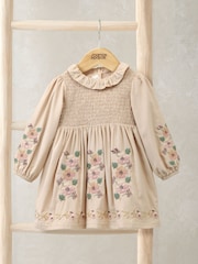 Mamas & Papas Embroidered Cord Brown Dress with Frill Neck - Image 1 of 3