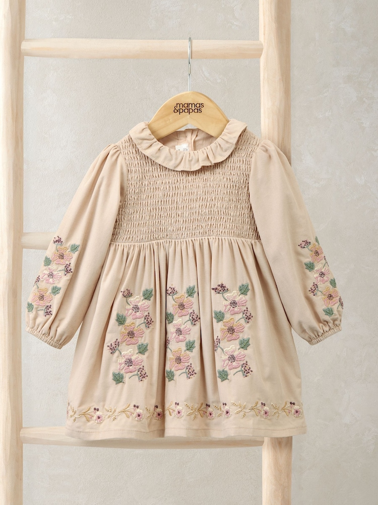 Mamas & Papas Embroidered Cord Brown Dress with Frill Neck - Image 1 of 3