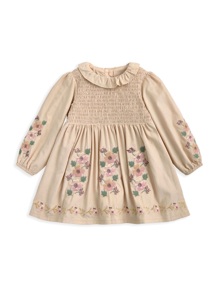 Mamas & Papas Embroidered Cord Brown Dress with Frill Neck - Image 2 of 3
