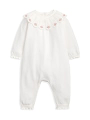 Mamas & Papas White Embroidered Scallop Collar Romper with Frill Trim - Image 1 of 2