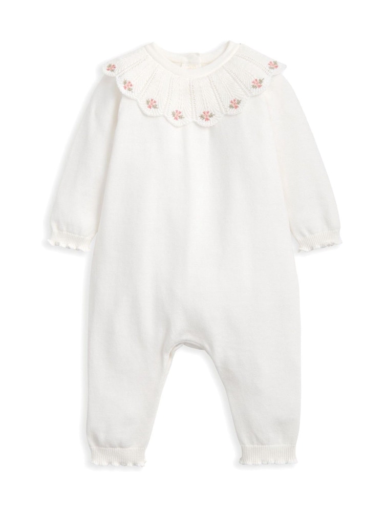 Mamas & Papas White Embroidered Scallop Collar Romper with Frill Trim - Image 1 of 2 Mamas & Papas White Embroidered Scallop Collar Romper with Frill Trim - Image 1 of 2
