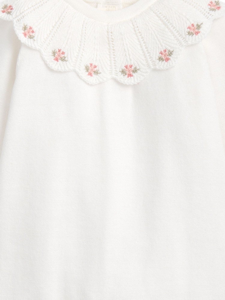 Mamas & Papas White Embroidered Scallop Collar Romper with Frill Trim - Image 2 of 2 Mamas & Papas White Embroidered Scallop Collar Romper with Frill Trim - Image 2 of 2