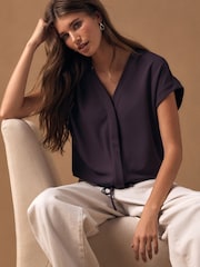 Plum Purple V-Neck Short Sleeved Tie Waist Top - Image 1 of 9