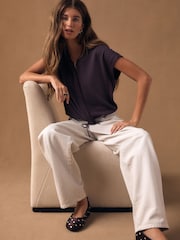 Plum Purple V-Neck Short Sleeved Tie Waist Top - Image 2 of 9