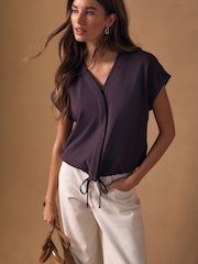Plum Purple V-Neck Short Sleeved Tie Waist Top - Image 3 of 9