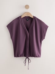Plum Purple V-Neck Short Sleeved Tie Waist Top - Image 6 of 9