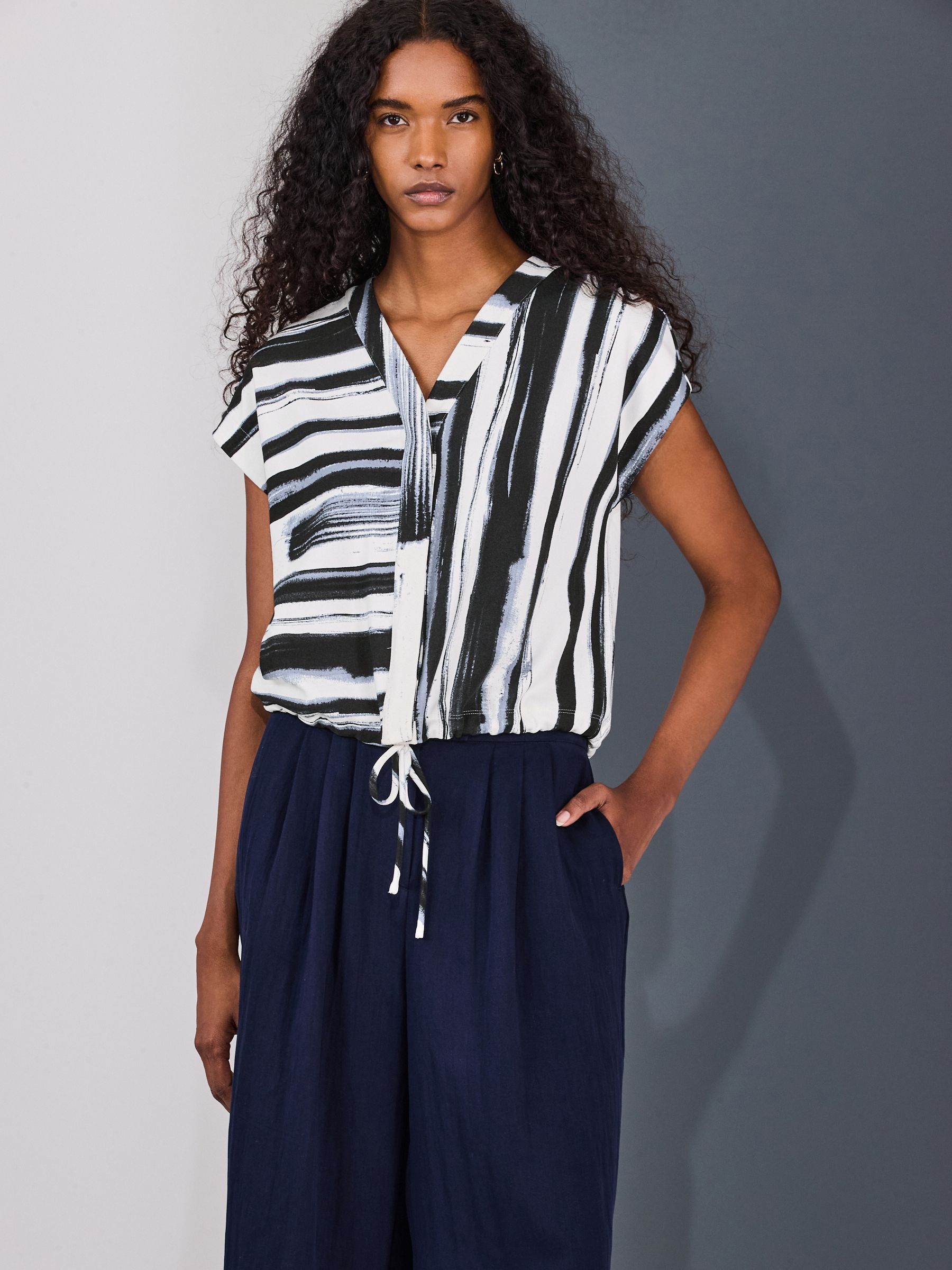 Buy Navy Blue/Black Stripe V-Neck Short Sleeved Tie Waist Top from