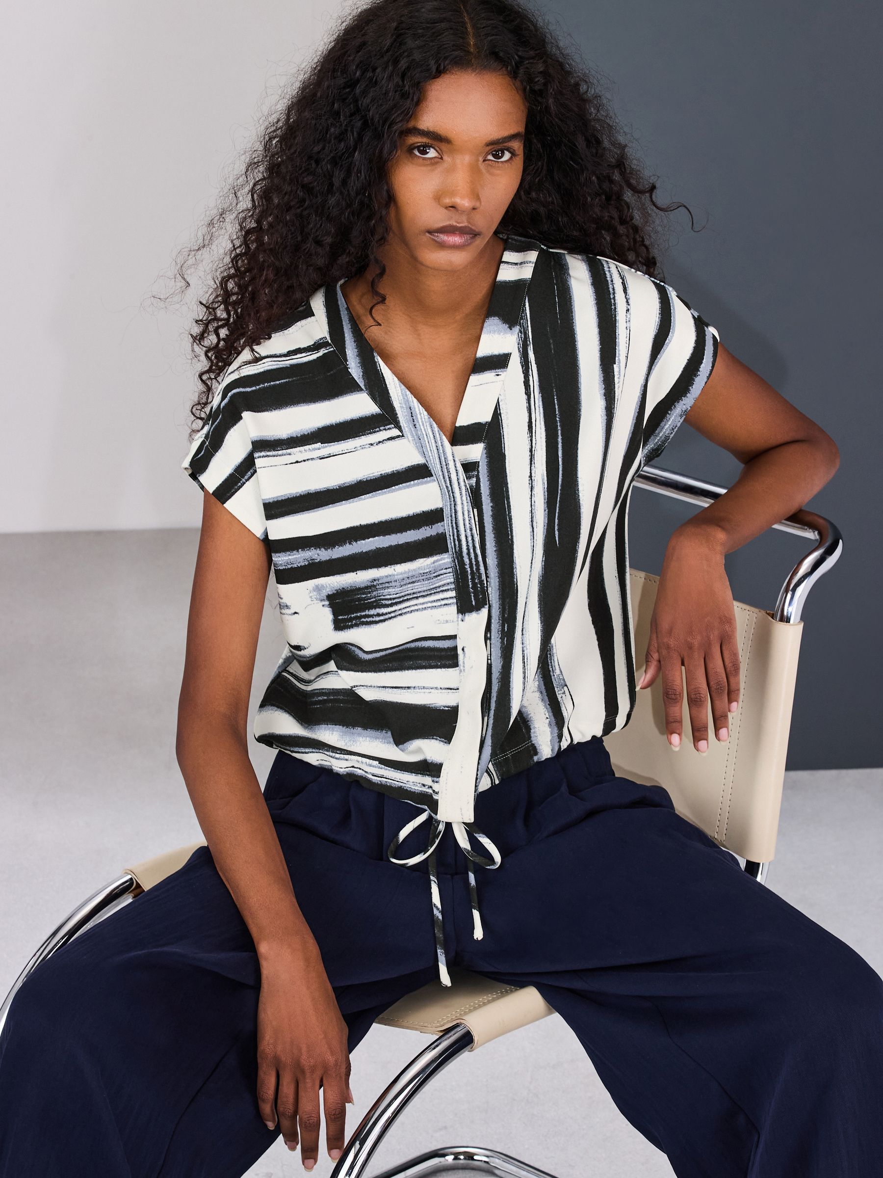 Buy Navy Blue/Black Stripe V-Neck Short Sleeved Tie Waist Top from
