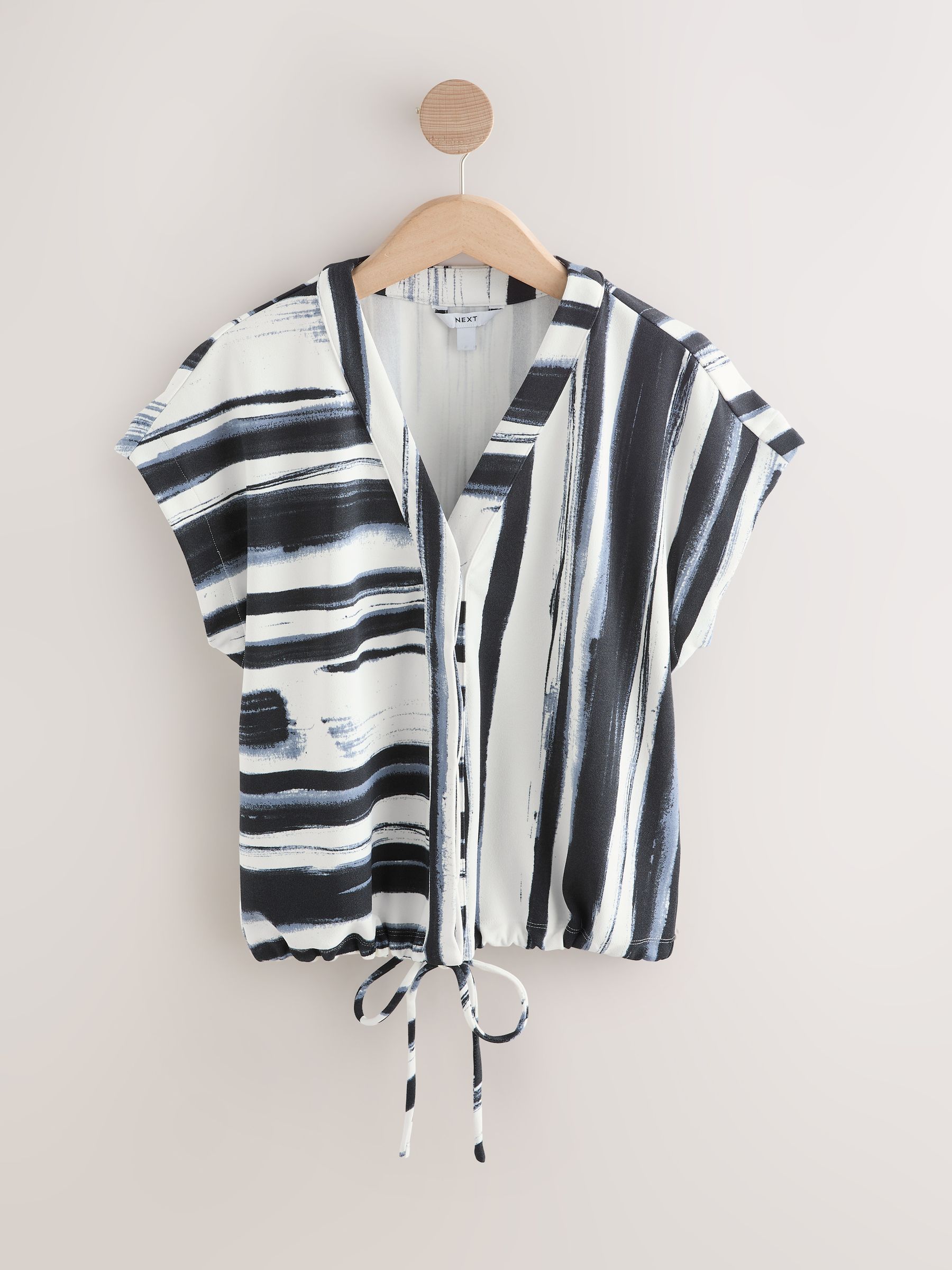 Buy Navy Blue/Black Stripe V-Neck Short Sleeved Tie Waist Top from