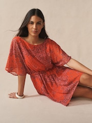 Red Paisley Print Kimono Sleeve Waisted Mini Dress - Image 1 of 6