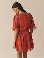 Red Paisley Print Kimono Sleeve Waisted Mini Dress - Image 3 of 6