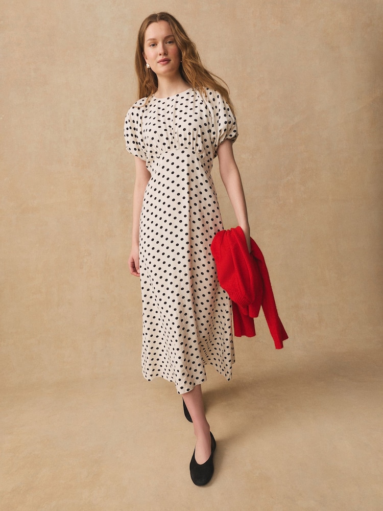 Ecru / Black Polka Dot Puff Sleeve Midi Dress - Image 1 of 1 Ecru / Black Polka Dot Puff Sleeve Midi Dress - Image 1 of 1