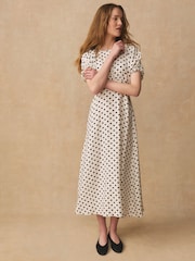 Ecru / Svart prickig - Puff Sleeve Midi Klänning - Bild 2 av 7