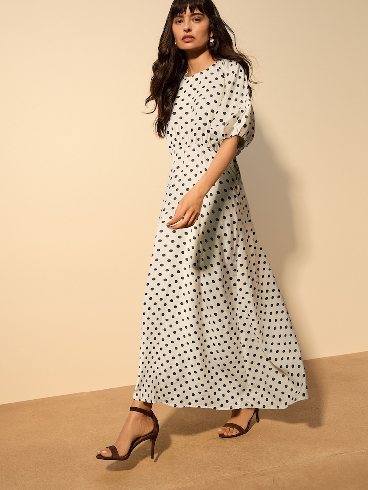 Polka Dot Loose Fitting Summer Dresses Uk Buy Ecru/Black Polka Dot Puff  Sleeve Midi Dress