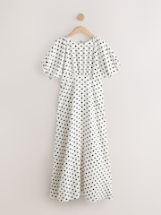 Ecru / Svart prickig - Puff Sleeve Midi Klänning - Bild 5 av 7