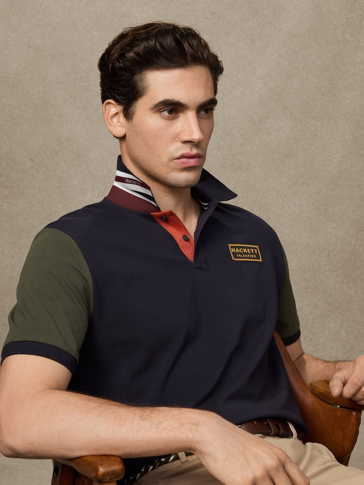Hackett Blue Velospeed Badge Rally Multi Polo Shirt - Image 1 of 6 Hackett Blue Velospeed Badge Rally Multi Polo Shirt - Image 1 of 6