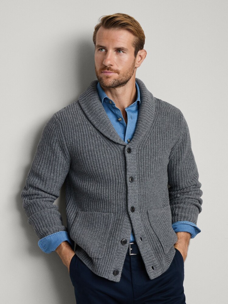 Hackett Grey Merino Wool Ribbed Shawl Cardigan - Image 1 of 6