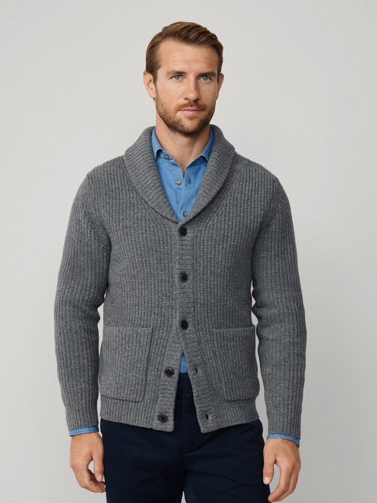 Hackett Grey Merino Wool Ribbed Shawl Cardigan - Image 2 of 6