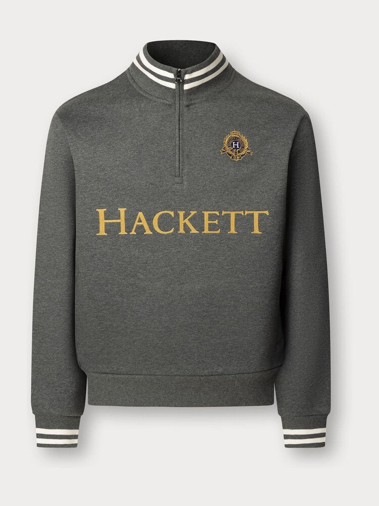 Hackett Grey Heritage Embroidered Crest Logo Quarter Zip Sweater - Image 1 of 2