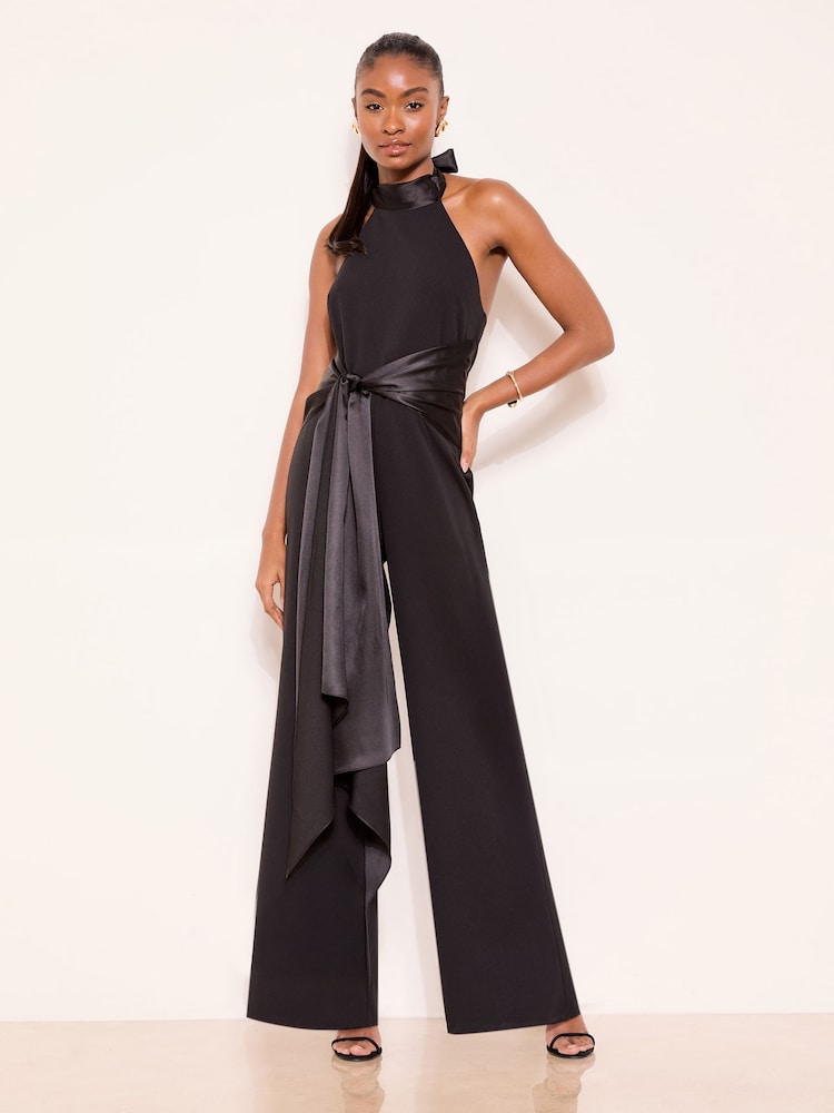 Lipsy Black Petite Halter Neck Satin Drape Jumpsuit - Image 1 of 5 Lipsy Black Petite Halter Neck Satin Drape Jumpsuit - Image 1 of 5