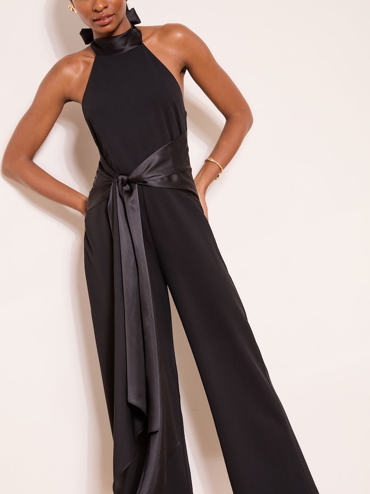 Lipsy Black Petite Halter Neck Satin Drape Jumpsuit - Image 2 of 5 Lipsy Black Petite Halter Neck Satin Drape Jumpsuit - Image 2 of 5