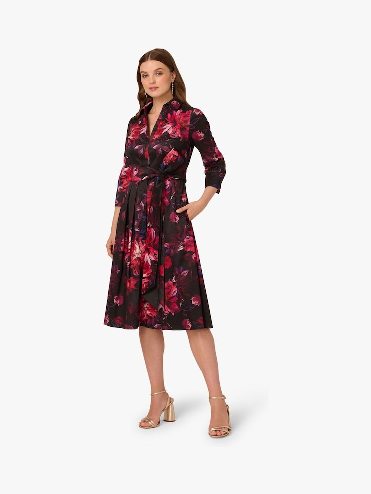 Adrianna Papell Printed Taffeta Shirt Black Dress - Image 1 of 6