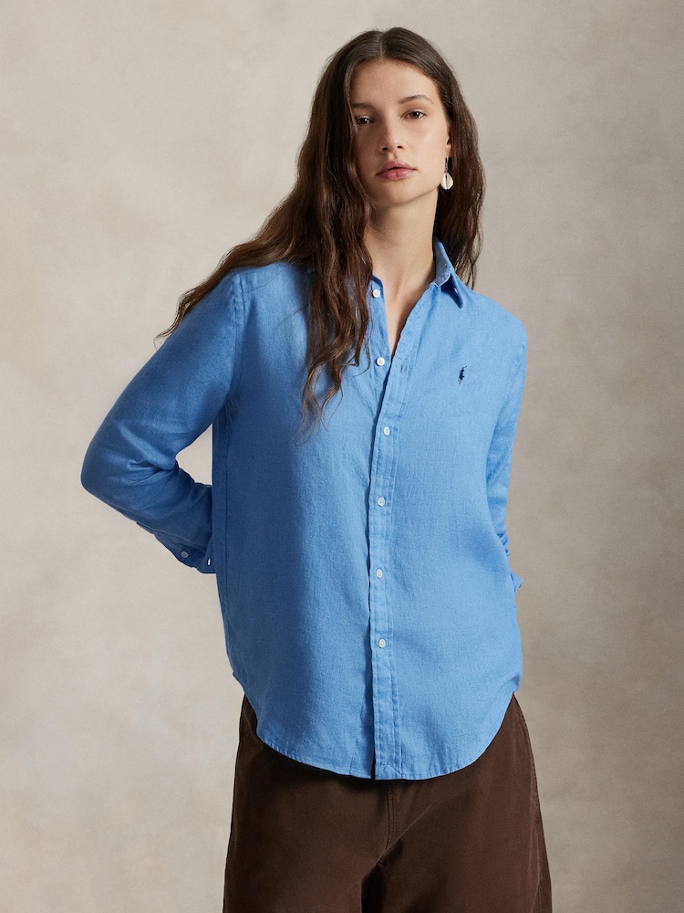 Polo Ralph Lauren Blue Linen Classic-Long Sleeve-Button Front Shirt - Image 1 of 4 Polo Ralph Lauren Blue Linen Classic-Long Sleeve-Button Front Shirt - Image 1 of 4