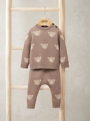 Mamas & Papas Jacquard Bear Knit Brown Top and Joggers Set - Imagen 1 de 5