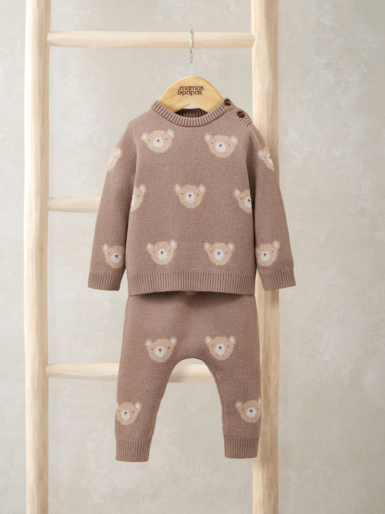 Mamas & Papas Jacquard Bear Knit Brown Top and Joggers Set - Imagen 1 de 5