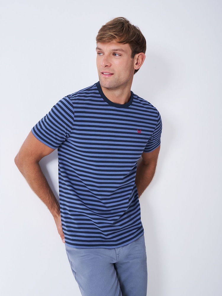 Crew Clothing Blue Feeder Striped Tipped T-Shirt - Image 1 of 5 Crew Clothing Blue Feeder Striped Tipped T-Shirt - Image 1 of 5