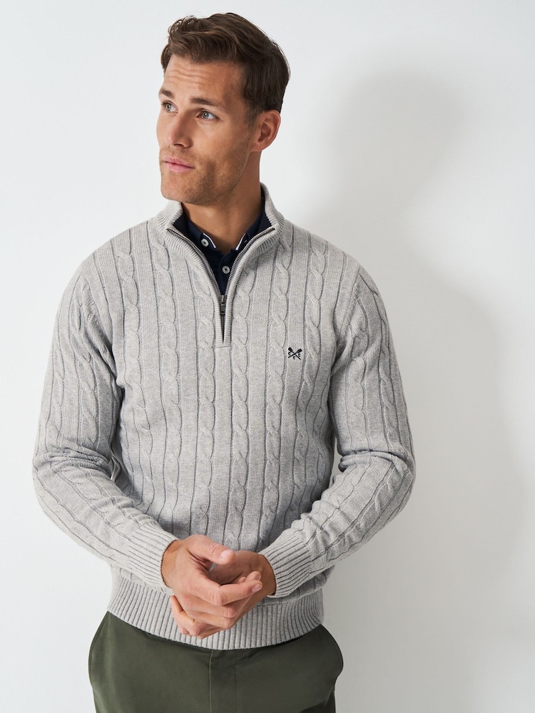 Crew Clothing Grey Oarsman Cable Half Zip Jumper - Image 1 of 5 Crew Clothing Grey Oarsman Cable Half Zip Jumper - Image 1 of 5