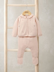 Mamas & Papas Pink Embroidered Knit Top and Leggings Set - Image 1 of 4