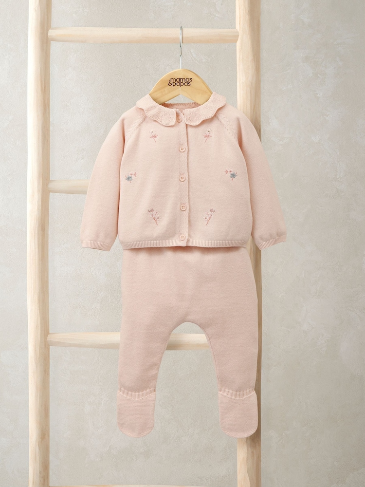 Mamas & Papas Pink Embroidered Knit Top and Leggings Set - Image 1 of 4 Mamas & Papas Pink Embroidered Knit Top and Leggings Set - Image 1 of 4