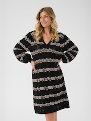 Cream Wavy V-Neck Long Sleeve Knit Black Dress - Image 1 of 6