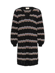 Cream Wavy V-Neck Long Sleeve Knit Black Dress - Image 5 of 6