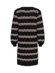 Cream Wavy V-Neck Long Sleeve Knit Black Dress - Image 6 of 6