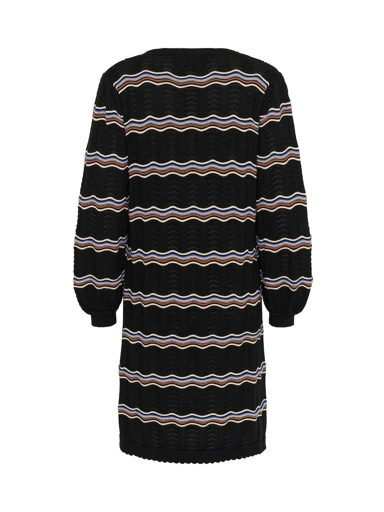 Cream Wavy V-Neck Long Sleeve Knit Black Dress - Image 6 of 6