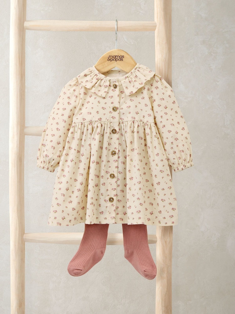 Mamas & Papas Cream Ditsy Rose Cord Dress and Tights Set - Image 1 of 4