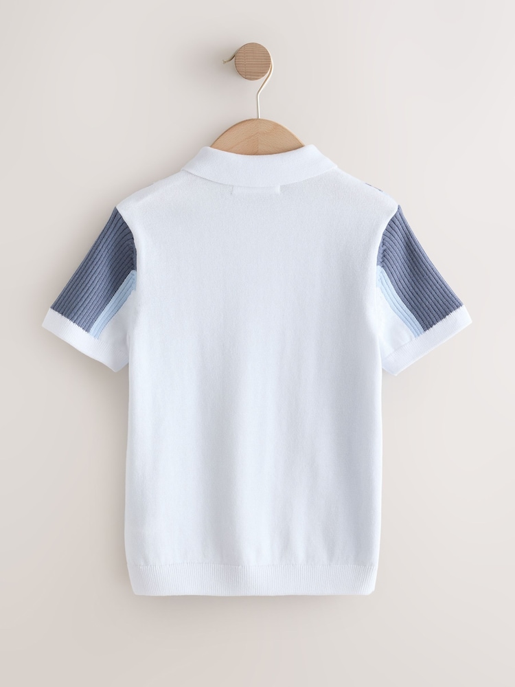 Blue/White Knitted Zip Neck Polo Shirt (3-16yrs) - Image 2 of 4