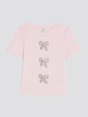 River Island Pink Girls Ribbed Bow T-Shirt - Image 1 of 4