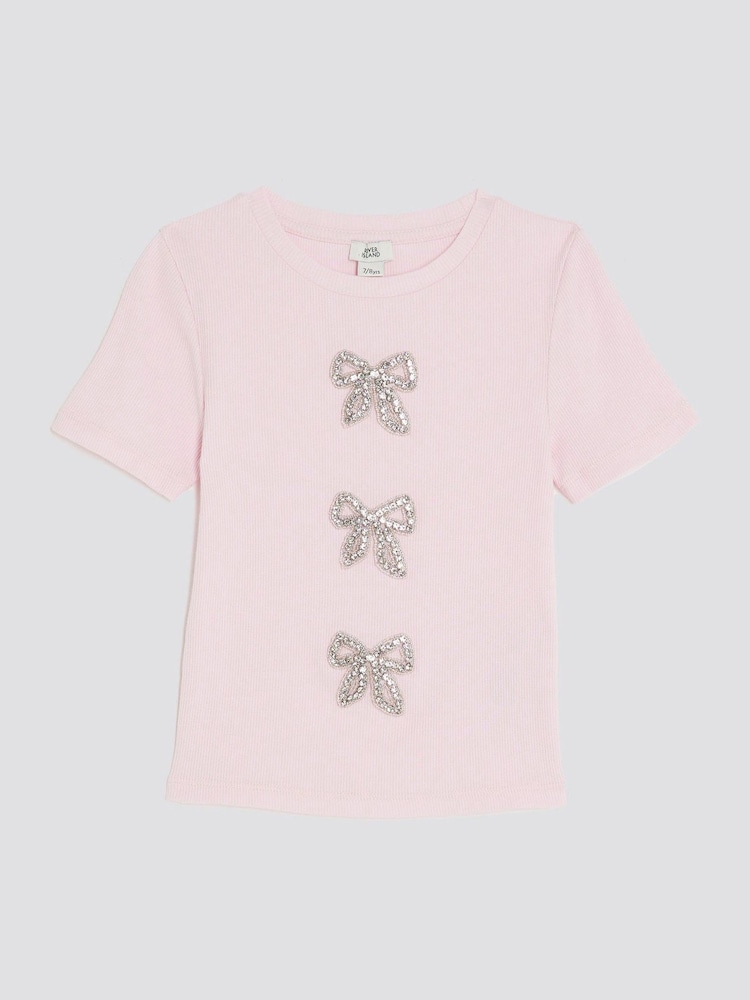 River Island Pink Girls Ribbed Bow T-Shirt - Image 1 of 4